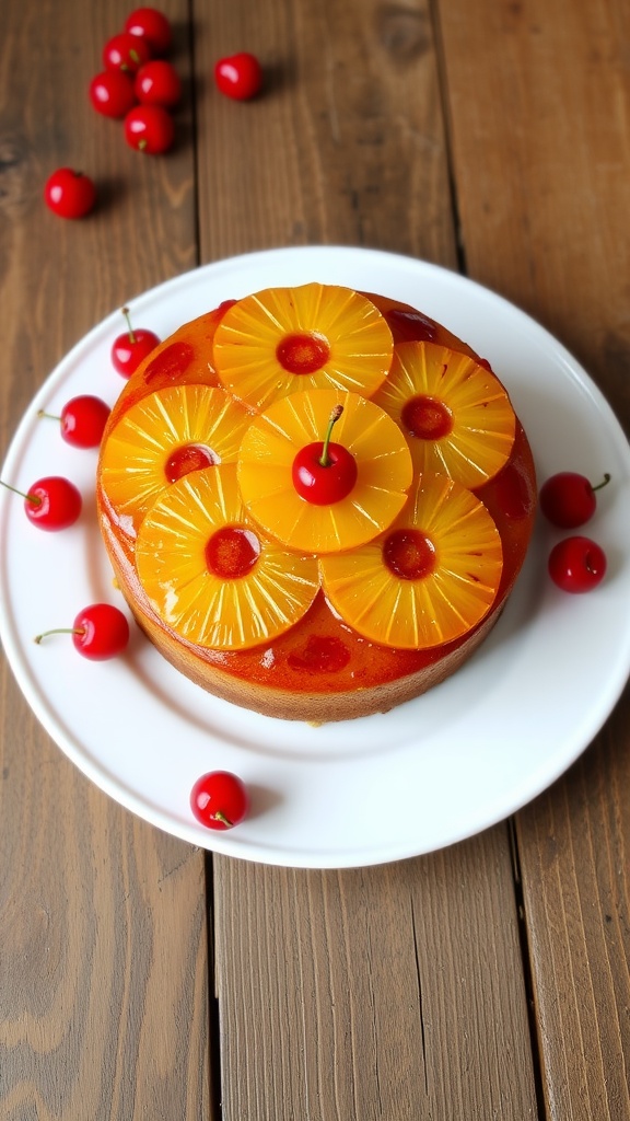 Vegan pineapple upside down cake with caramelized pineapple and cherries on a rustic table.
